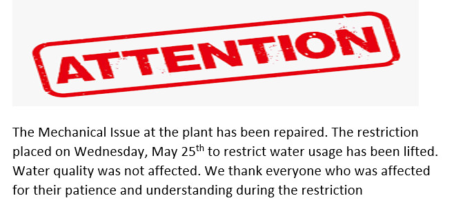 Water Plant Issue has Been Repaired.