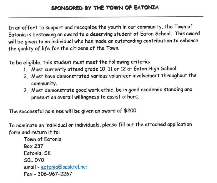 Town of Eatonia Award Application