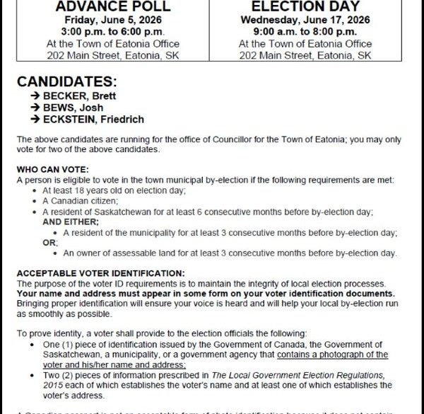Town of Eatonia 2026 Municipal By-Election